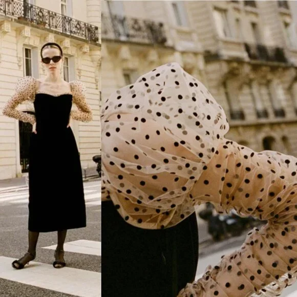 Doen Criselda Midi Dress Black Velvet Polka Dot Puff‎ Sleeve Heirloom Size 00 - Picture 11 of 12